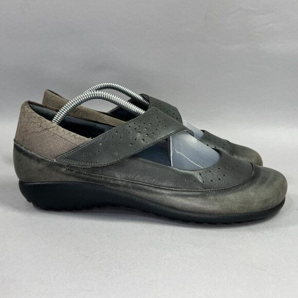 NAOT Mary Jane Shoes Women's Size 11.5 Gray Leather Slip On Comfort Adj Strap - Picture 1 of 12